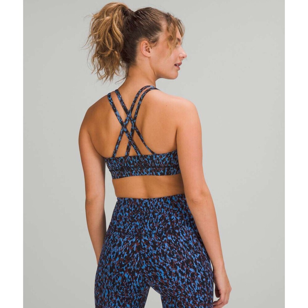 Lululemon Strappy Energy Sports Bra Size 4 Blue Brown Dot Yoga Workout Crop Bra